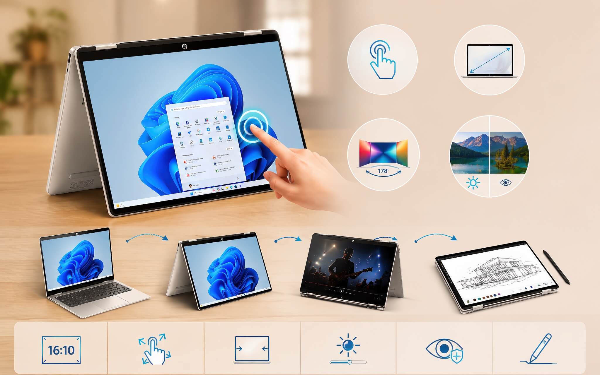 Hp Omnibook 5 Flip 14 Inch 2 In 1 2025 Features 02 Màn Hình Cảm Ứng 2K 14 Inch (2 In 1) Xoay Gập Hiện Đại - Hp Omnibook 5 Flip 14 Inch (2 In 1) (2025)